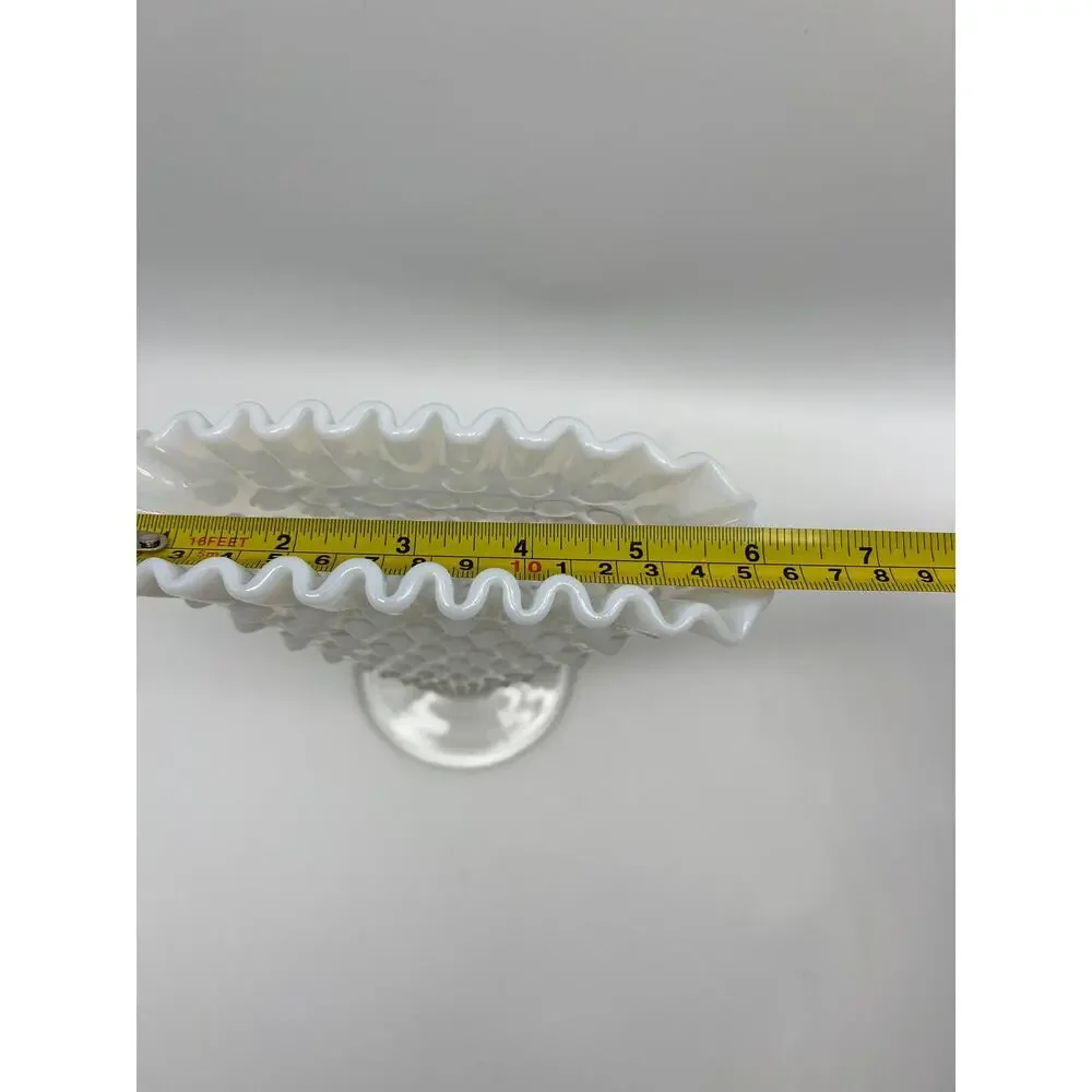 Vintage‎ Fenton White Clear Opalescent Rim Hobnail 1950s Fan Glass Vase 6x6